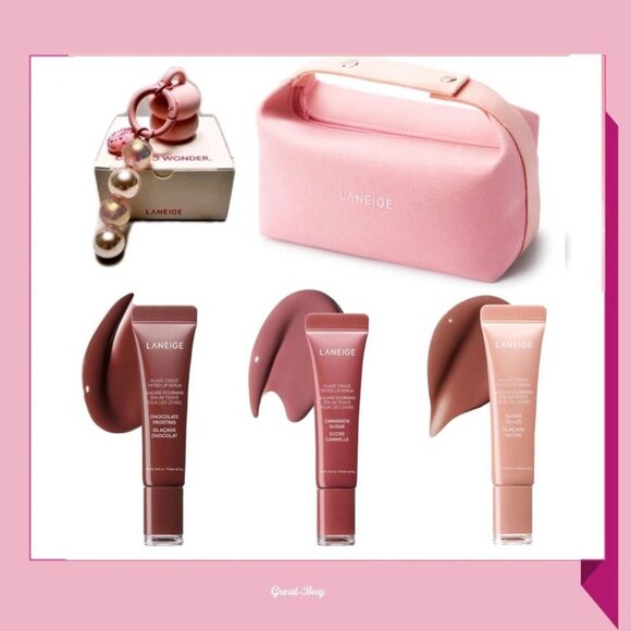 LANEIGE Glaze Craze Tinted Lip Serum X3 With Lip Keychain Cap In Pink Makeup Bag - Picture 1 of 5